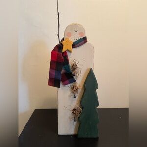 Festive Wooden Birdhouse Snowman with Scarf and Tree